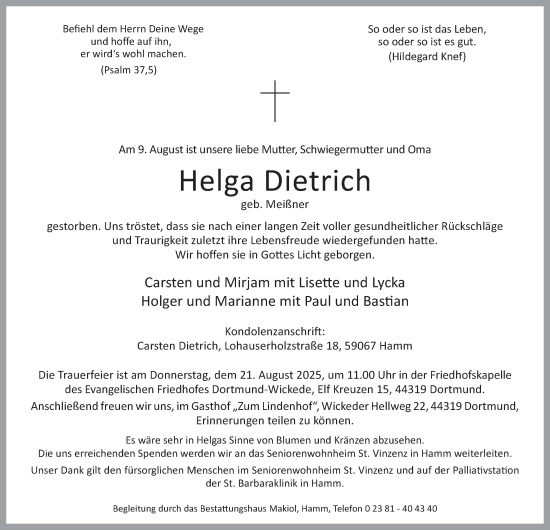 Traueranzeige von Helga Dietrich von Tageszeitung