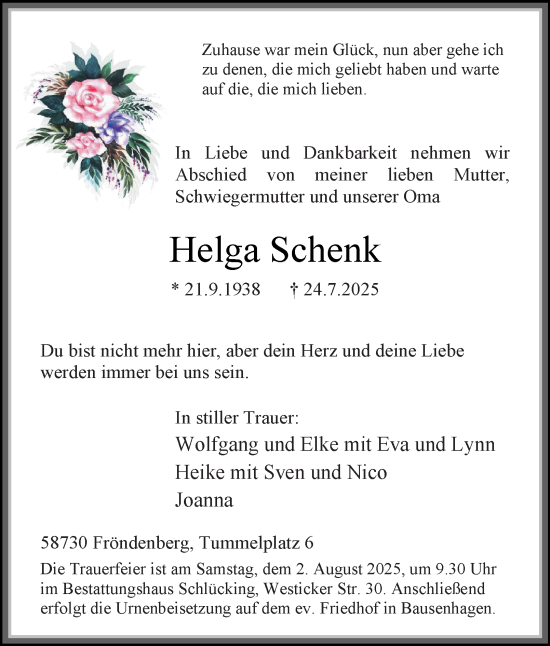 Traueranzeige von Helga Schenk von Tageszeitung