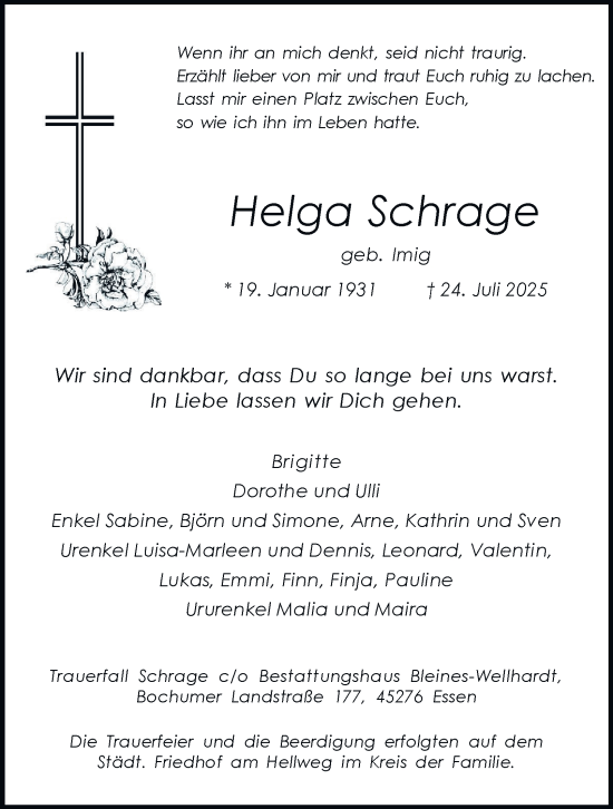 Traueranzeige von Helga Schrage von Tageszeitung