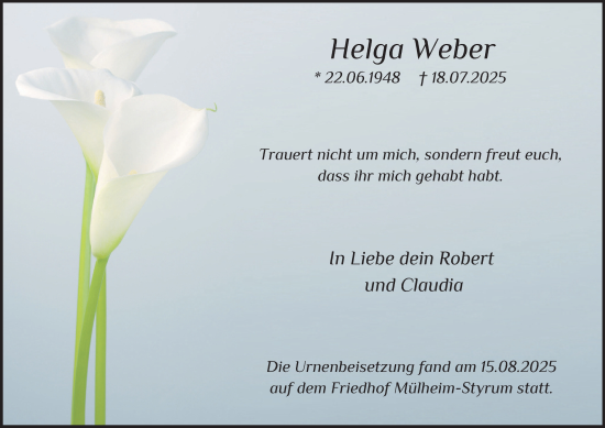 Traueranzeige von Helga Weber von Tageszeitung