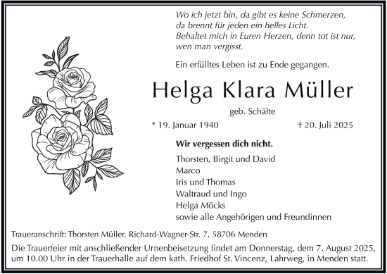 Traueranzeige von Helga Klara Müller von Tageszeitung