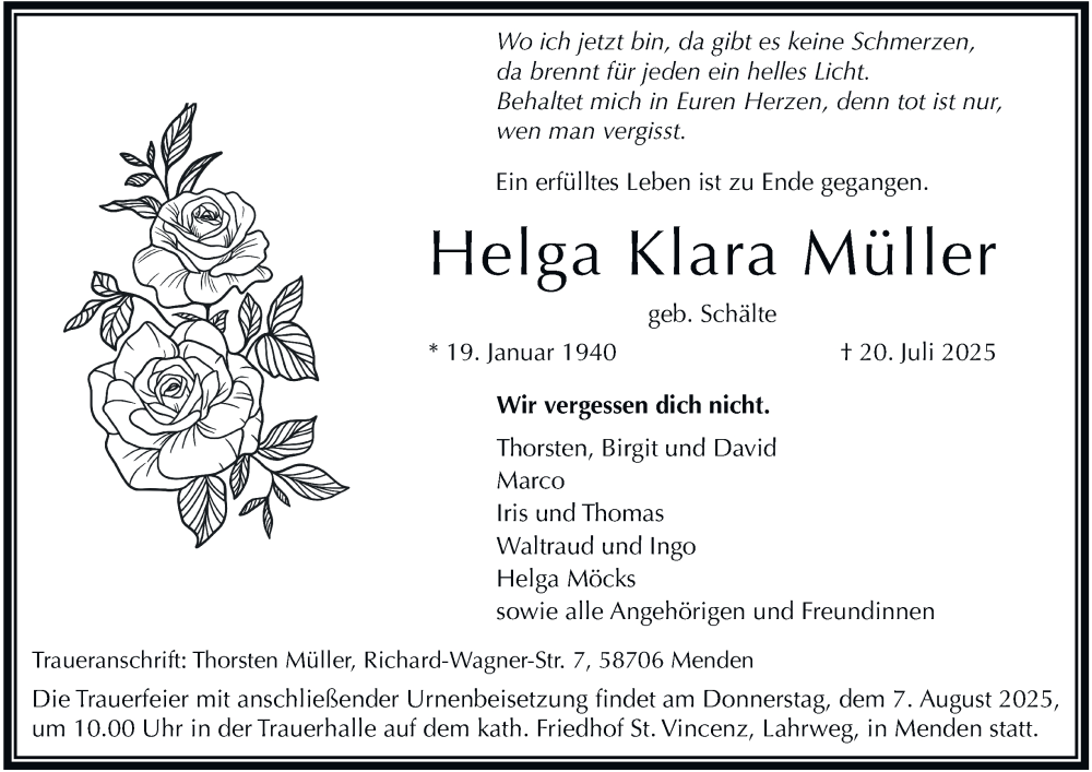  Traueranzeige für Helga Klara Müller vom 02.08.2025 aus Tageszeitung