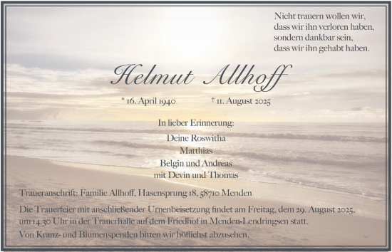 Traueranzeige von Helmut Allhoff von Tageszeitung