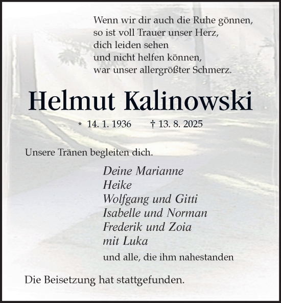 Traueranzeige von Helmut Kalinowski von Tageszeitung
