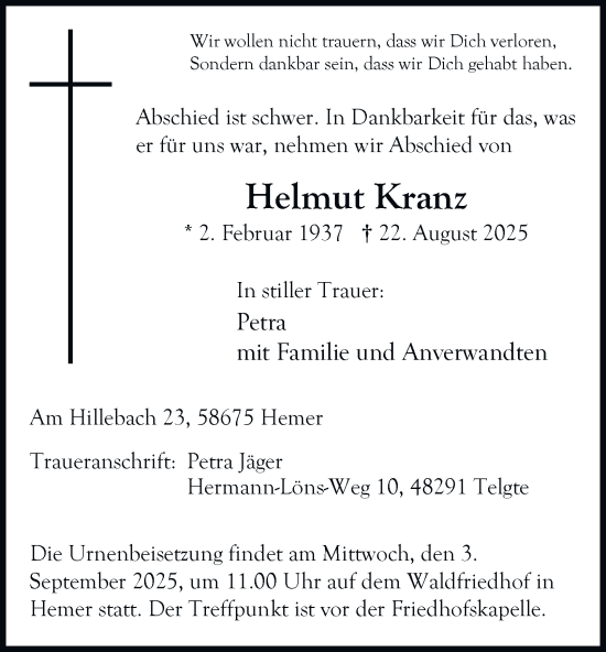 Traueranzeige von Helmut Kranz von Tageszeitung