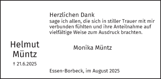 Traueranzeige von Helmut Müntz von Tageszeitung