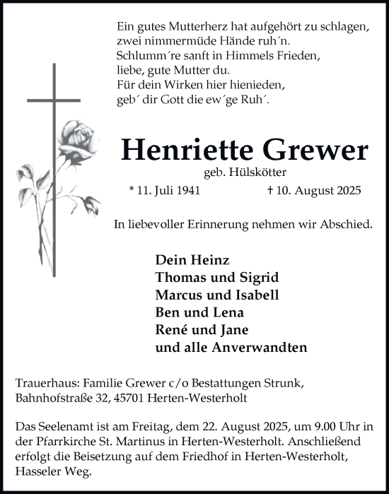 Traueranzeige von Henriette Grewer von Tageszeitung
