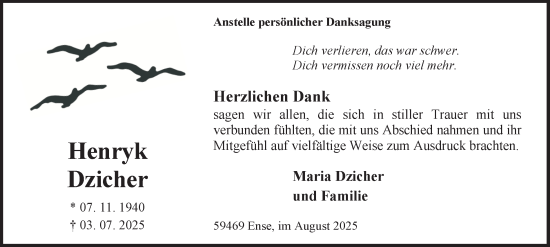 Traueranzeige von Henryk Dzicher von Tageszeitung