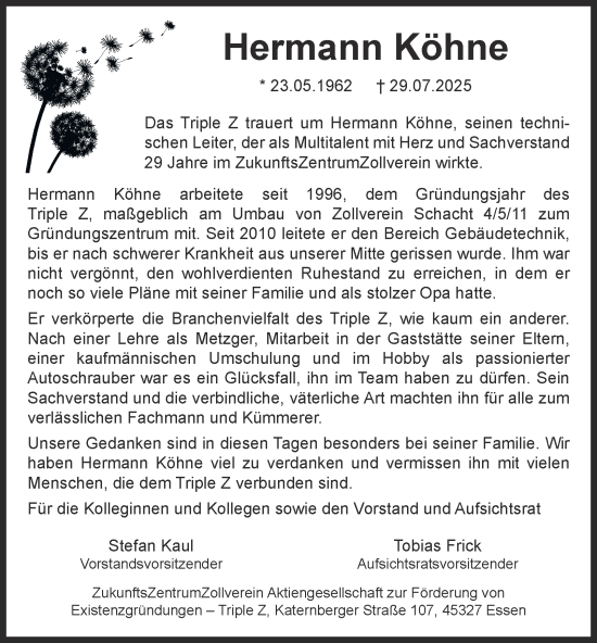 Traueranzeige von Hermann Köhne von Tageszeitung