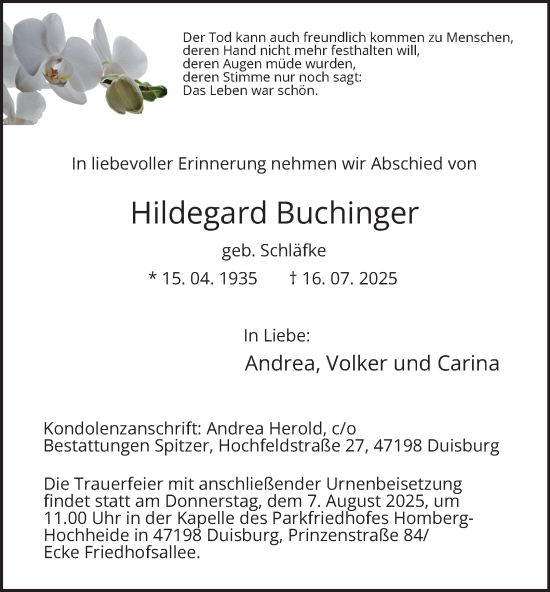 Traueranzeige von Hildegard Buchinger von Tageszeitung