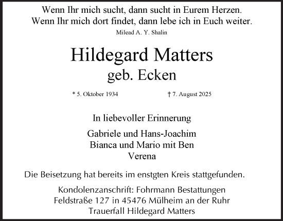 Traueranzeige von Hildegard Matters von Tageszeitung