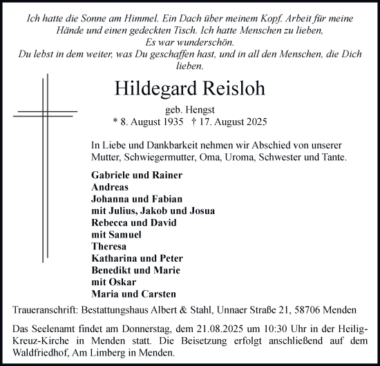 Traueranzeige von Hildegard Reisloh von Tageszeitung