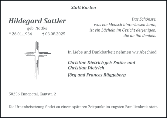 Traueranzeige von Hildegard Sattler von Tageszeitung