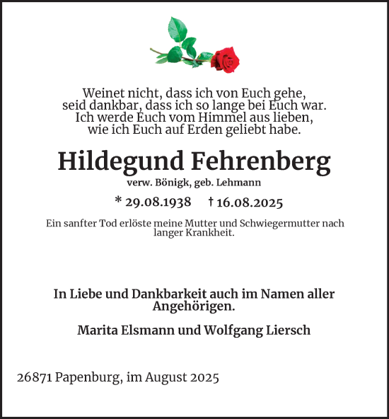 Traueranzeige von Hildegund Fehrenberg von Tageszeitung