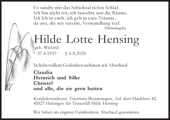 Traueranzeige von Hilde Lotte Hensing von Tageszeitung