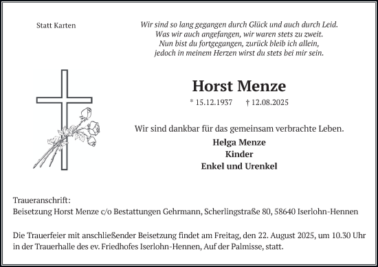 Traueranzeige von Horst Menze von Tageszeitung