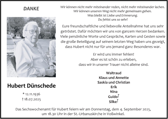 Traueranzeige von Hubert Dünschede von Tageszeitung