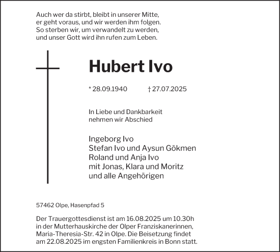 Traueranzeige von Hubert Ivo von Tageszeitung