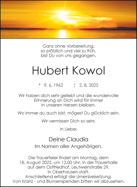 Traueranzeige von Hubert Kowol von Tageszeitung