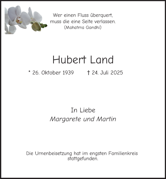 Traueranzeige von Hubert Land von Tageszeitung