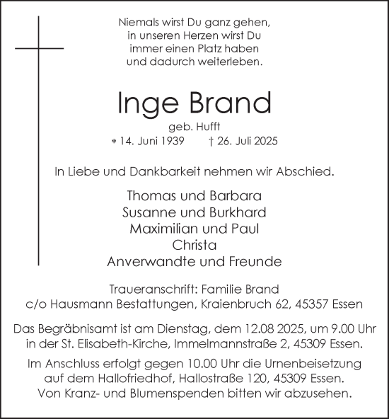 Traueranzeige von Inge Brand von Tageszeitung