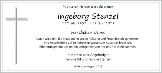 Traueranzeige von Ingeborg Stenzel von Tageszeitung