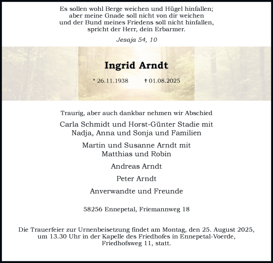Traueranzeige von Ingrid Arndt von Tageszeitung