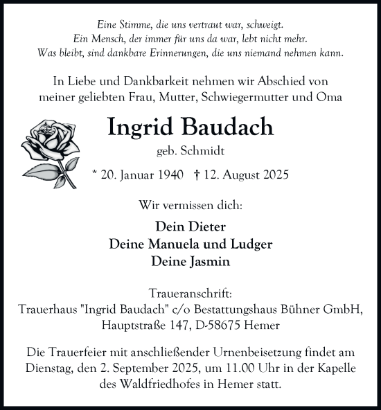 Traueranzeige von Ingrid Baudach von Tageszeitung