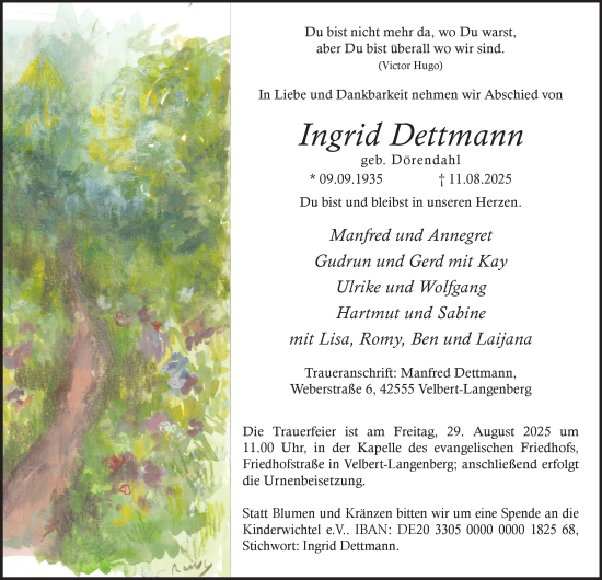 Traueranzeige von Ingrid Dettmann von Tageszeitung