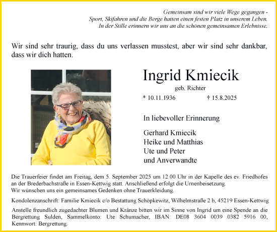 Traueranzeige von Ingrid Kmiecik von Tageszeitung