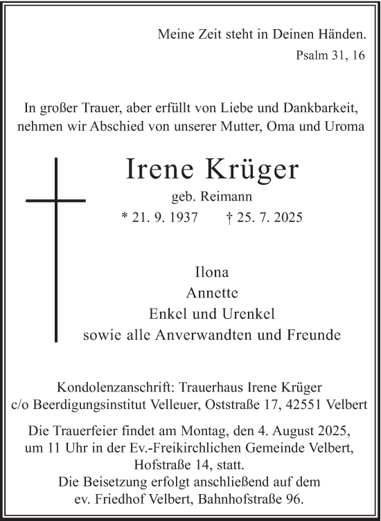 Traueranzeige von Irene Krüger von Tageszeitung