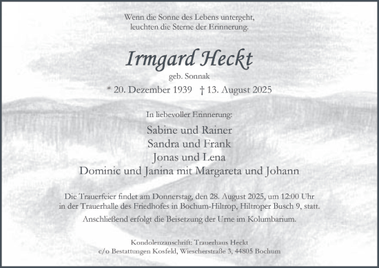 Traueranzeige von Irmgard Heckt von Tageszeitung