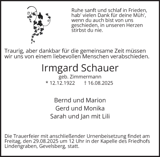 Traueranzeige von Irmgard Schauer von Tageszeitung