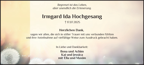 Traueranzeige von Irmgard Ida Hochgesang von Tageszeitung
