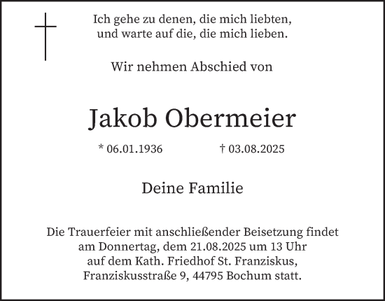 Traueranzeige von Jakob Obermeier von Tageszeitung