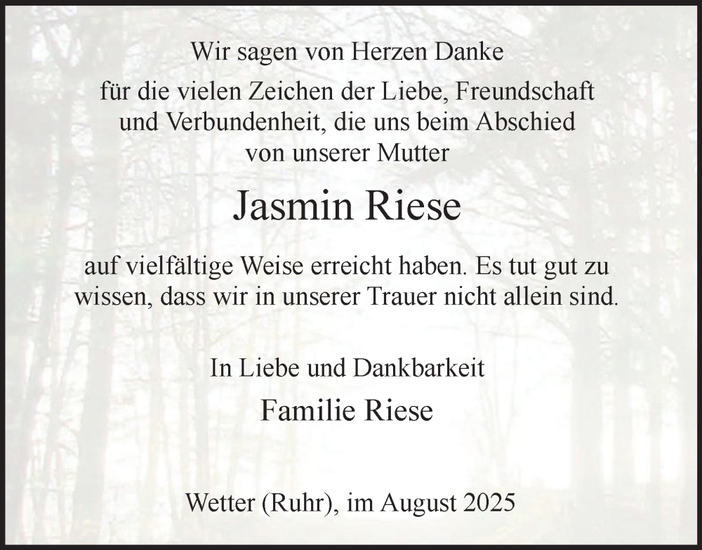  Traueranzeige für Jasmin Riese vom 30.08.2025 aus Tageszeitung