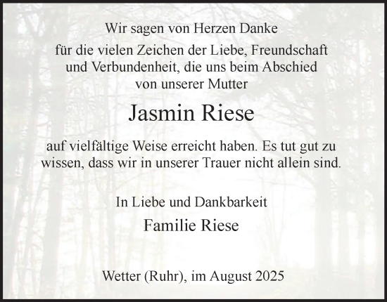 Traueranzeige von Jasmin Riese von Tageszeitung