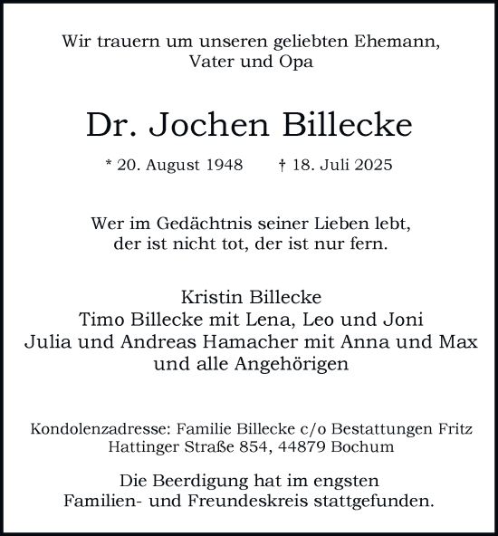 Traueranzeige von Jochen Billecke von Tageszeitung