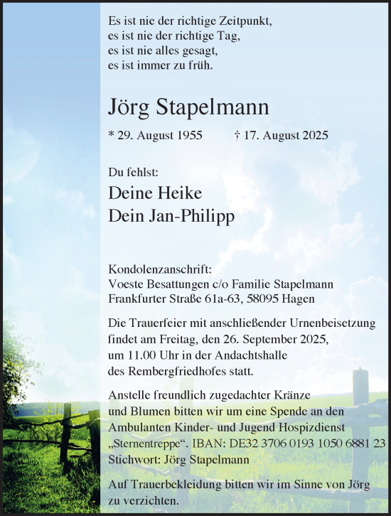 Traueranzeige von Jörg Stapelmann von Tageszeitung
