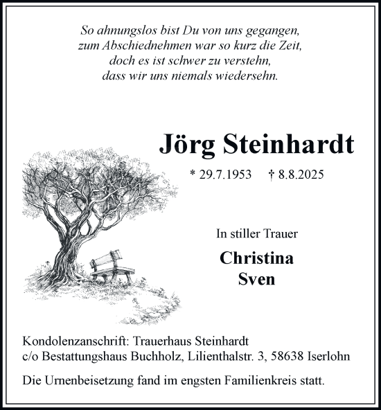 Traueranzeige von Jörg Steinhardt von Tageszeitung