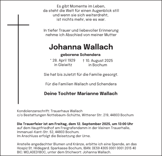 Traueranzeige von Johanna Wallach von Tageszeitung