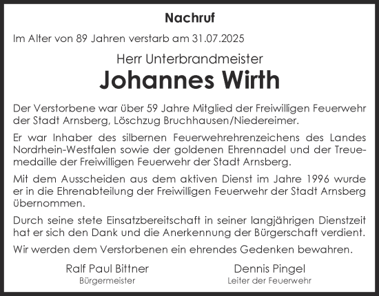 Traueranzeige von Johannes Wirth von Tageszeitung