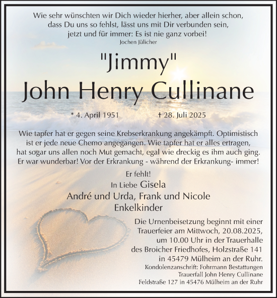 Traueranzeige von John Henry Cullinane von Tageszeitung