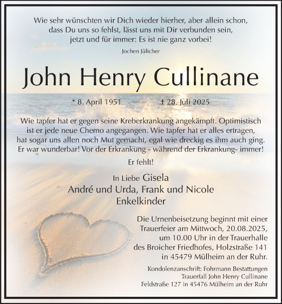 Traueranzeige von John Henry Cullinane von Tageszeitung