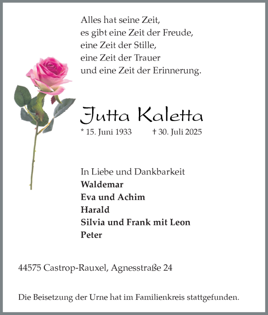 Traueranzeige von Jutta Kaletta von Tageszeitung