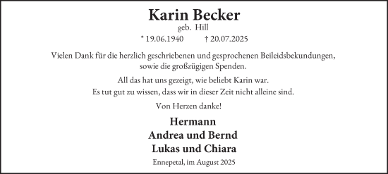 Traueranzeige von Karin Becker von Tageszeitung