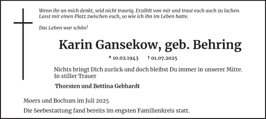 Traueranzeige von Karin Gansekow von Tageszeitung