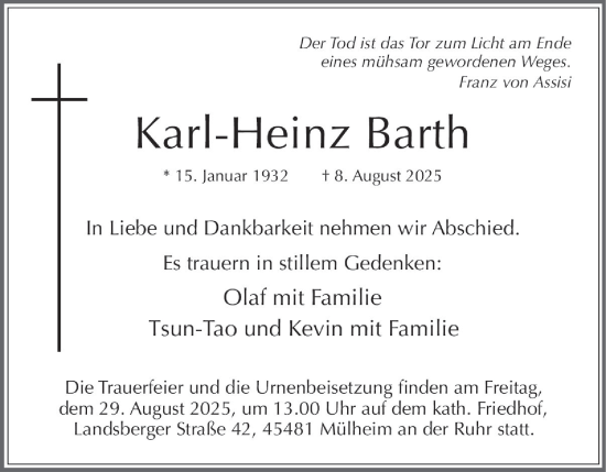 Traueranzeige von Karl-Heinz Barth von Tageszeitung