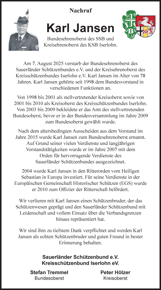 Traueranzeige von Karl Jansen von Tageszeitung