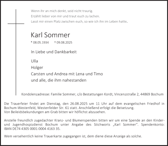 Traueranzeige von Karl Sommer von Tageszeitung